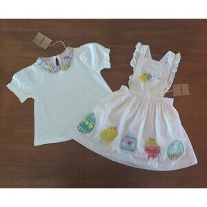 Mini Boden Girls Pink Easter Bunny Pinafore Dress & top size 2/3 NEW with tags